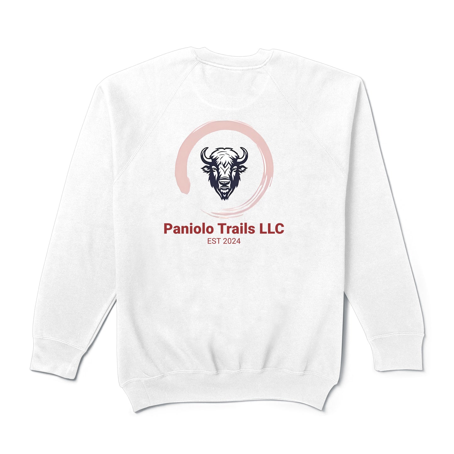Back view of American Print On Demand unisex raglan crewneck with Paniolo Trails logo and words on French terry fabric.