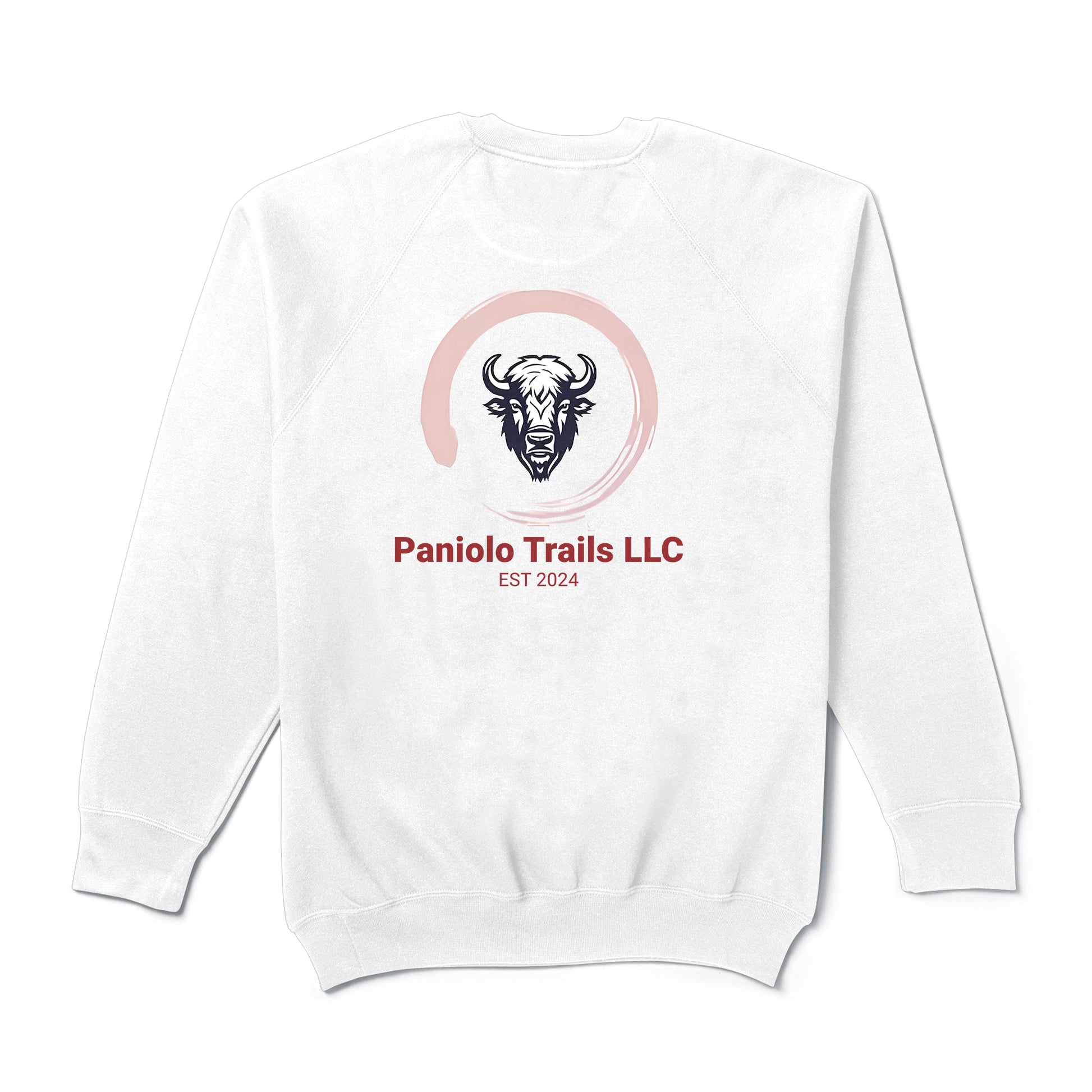 Back view of American Print On Demand unisex raglan crewneck with Paniolo Trails logo and words on French terry fabric.