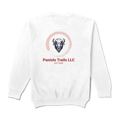 Back view of American Print On Demand unisex raglan crewneck with Paniolo Trails logo and words on French terry fabric.