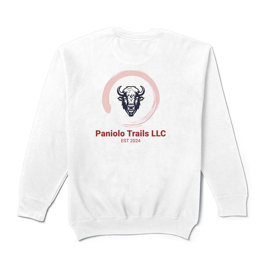 Back view of American Print On Demand unisex raglan crewneck with Paniolo Trails logo and words on French terry fabric.