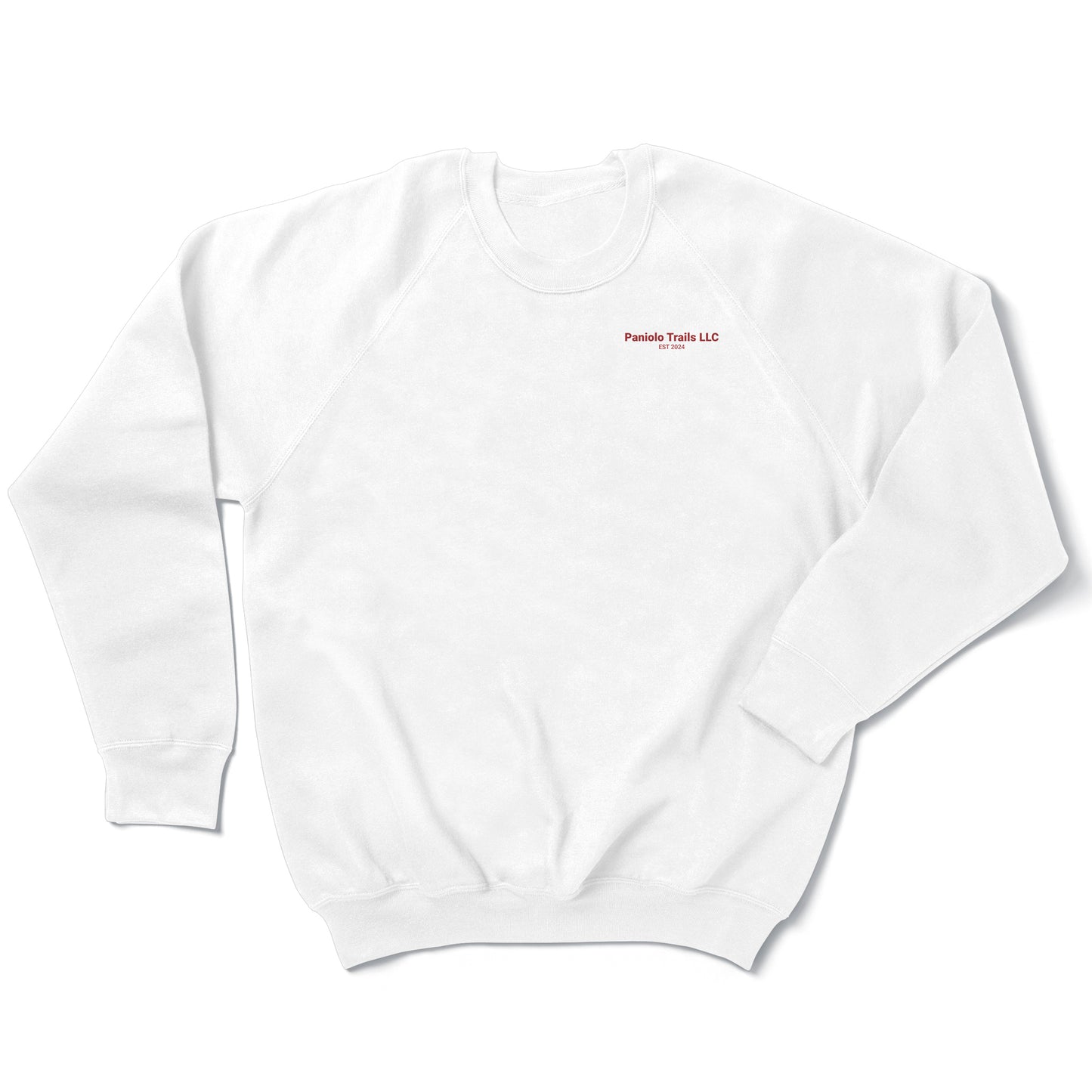 Unisex raglan crewneck sweatshirt with Paniolo Trails logo and words, made of French terry fabric, by American Print On Demand.