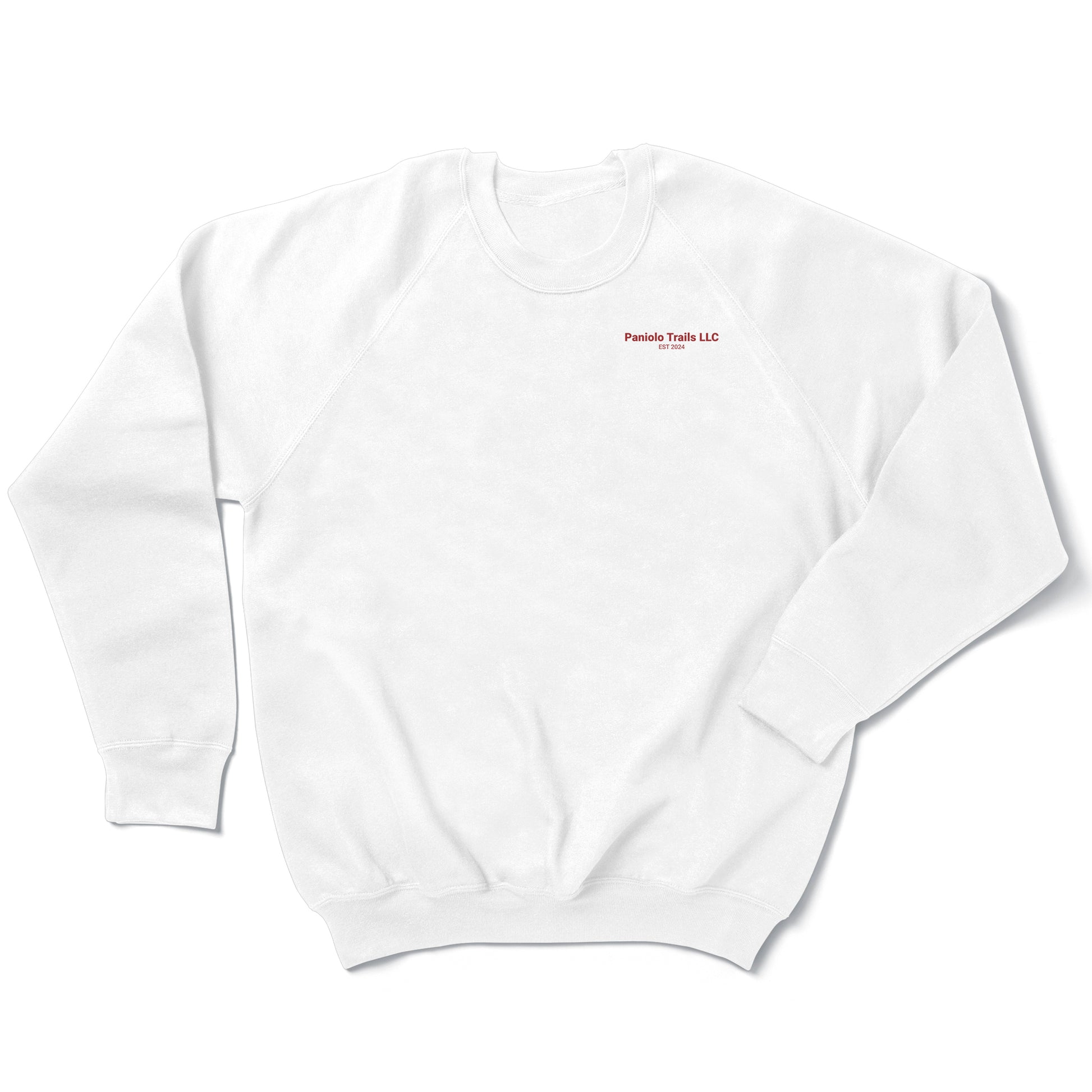 Unisex raglan crewneck sweatshirt with Paniolo Trails logo and words, made of French terry fabric, by American Print On Demand.