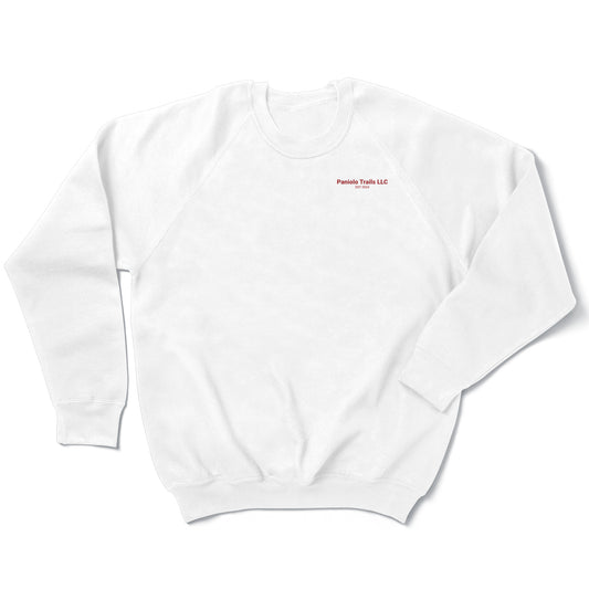 Unisex raglan crewneck sweatshirt with Paniolo Trails logo and words, made of French terry fabric, by American Print On Demand.