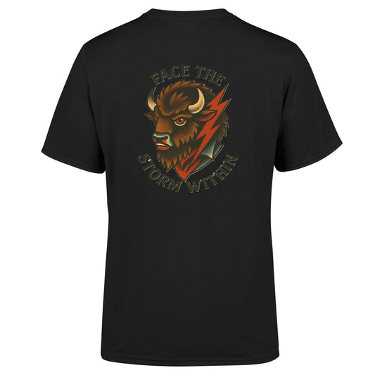 Back view of American Print On Demand Americana 4 unisex triblend sustainable T-shirt in black with printed design.