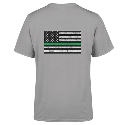 Back view of American Print On Demand unisex triblend sustainable TGL tee showcasing the comfortable fit and fabric texture.
