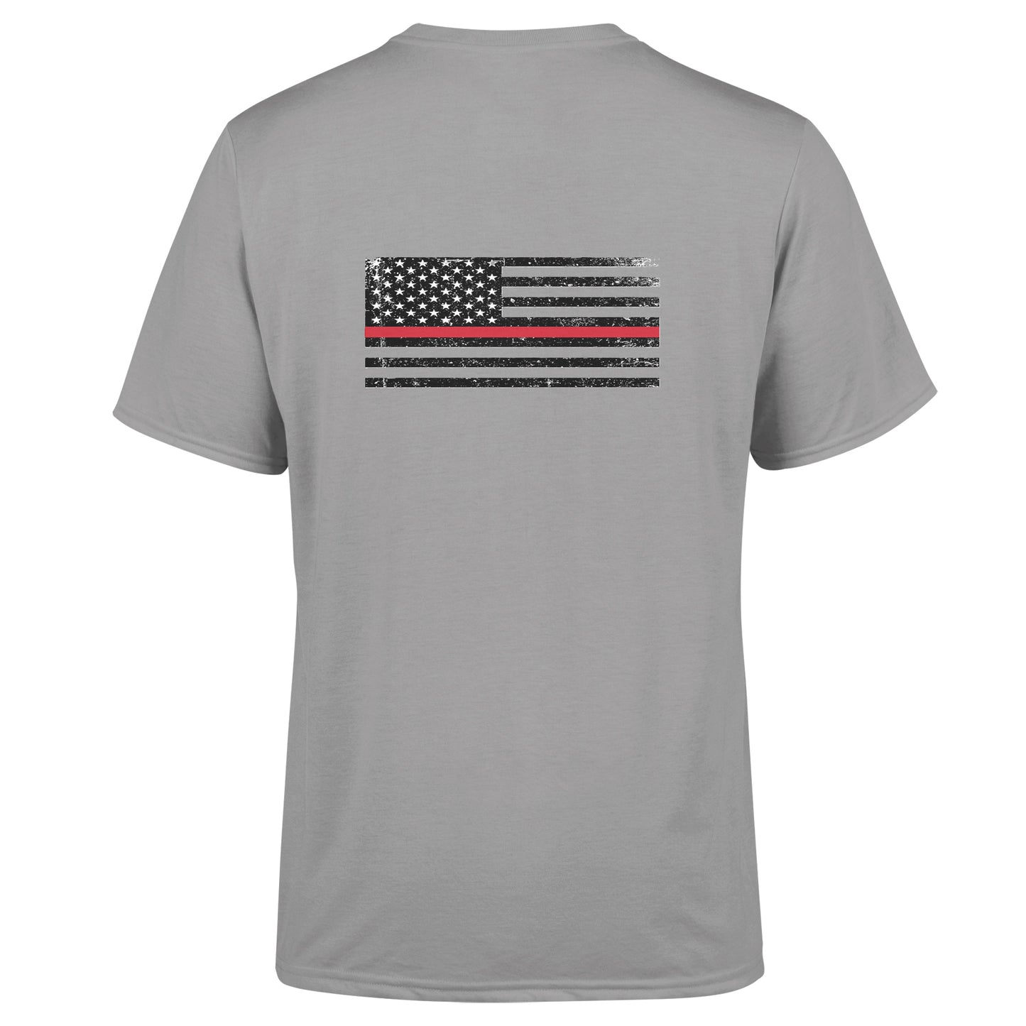 Back view of American Print On Demand unisex triblend sustainable tee in grey, showcasing the relaxed fit and soft fabric.