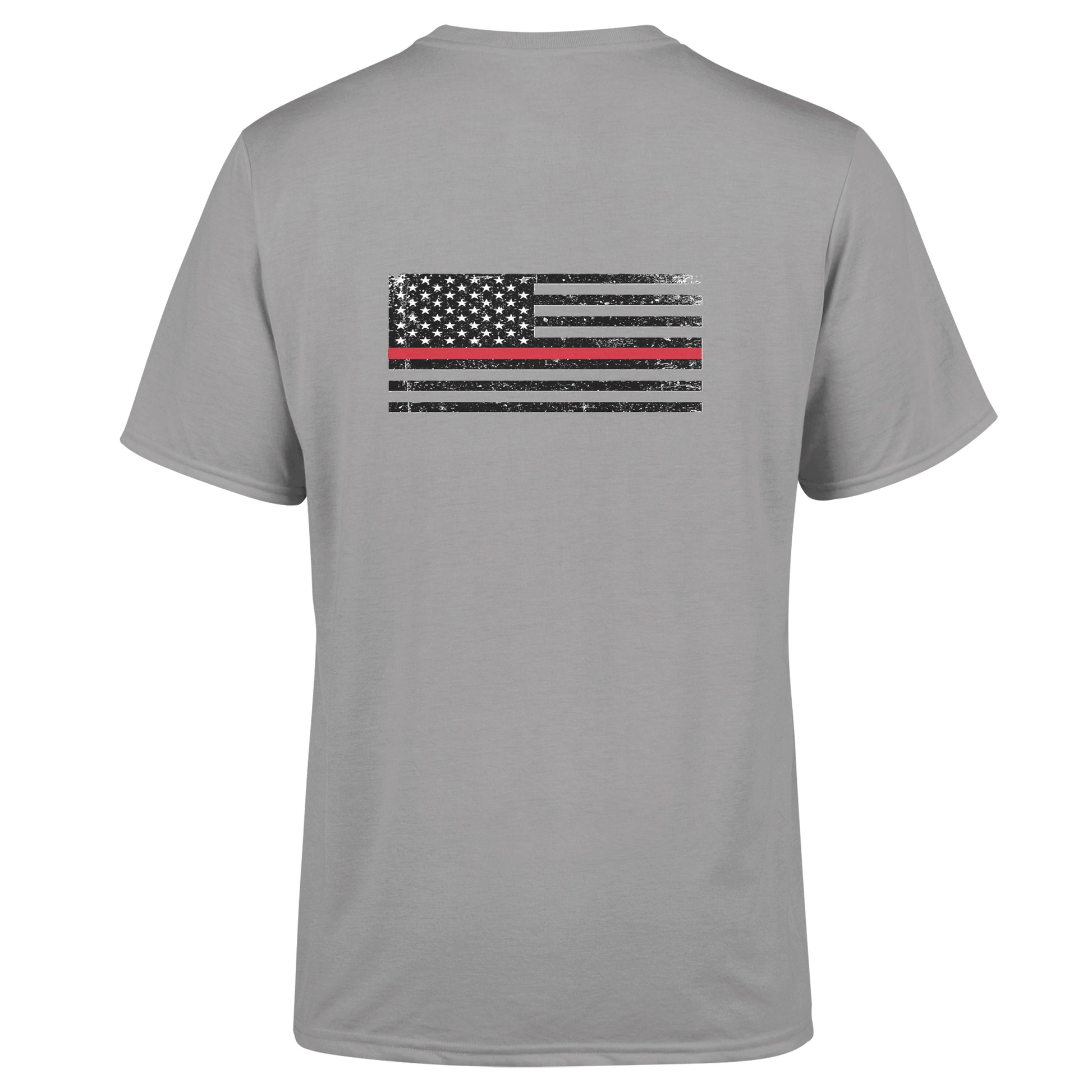 Back view of American Print On Demand unisex triblend sustainable tee in grey, showcasing the relaxed fit and soft fabric.