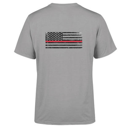 Back view of American Print On Demand unisex triblend sustainable tee in grey, showcasing the relaxed fit and soft fabric.
