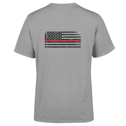 Back view of American Print On Demand unisex triblend sustainable tee in grey, showcasing the relaxed fit and soft fabric.