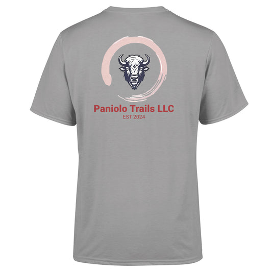 Unisex triblend sustainable T-shirt with Paniolo Trails logo and words, featuring a back graphic design, by American Print On Demand.