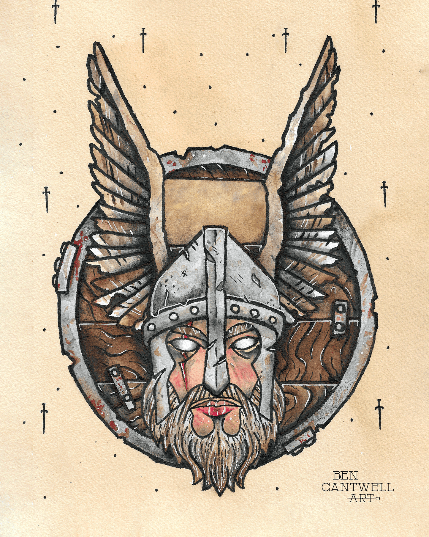 Print of a Viking shield artwork by Ben Cantwell Art, showcasing detailed Norse shield design with metallic and wooden textures.