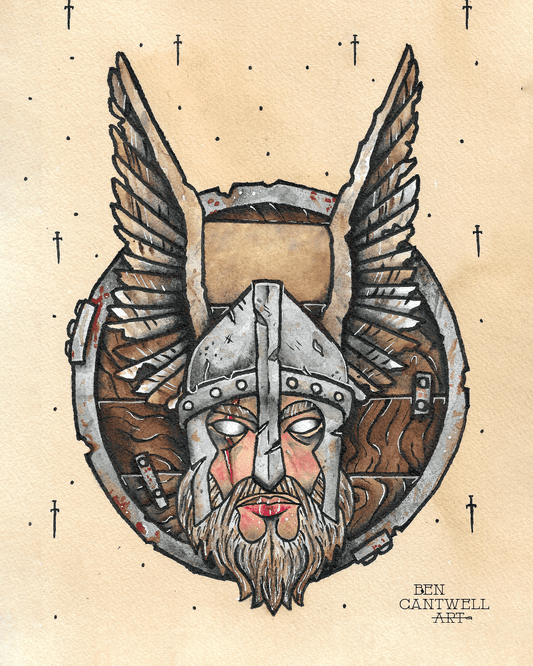 Print of a Viking shield artwork by Ben Cantwell Art, showcasing detailed Norse shield design with metallic and wooden textures.