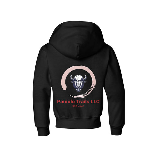 Back view of a youth Biblend Hoodie by American Print On Demand with a logo design on the back.