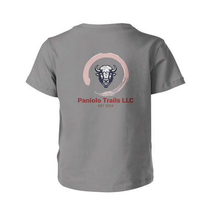 Back view of American Print On Demand youth cotton T-shirt featuring a logo design on the front.